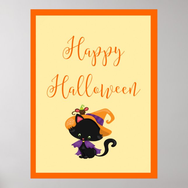 Póster Happy Halloween Witch Kitten Orange Border  (Frente)