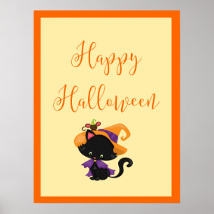 Póster Happy Halloween Witch Kitten Orange Border
