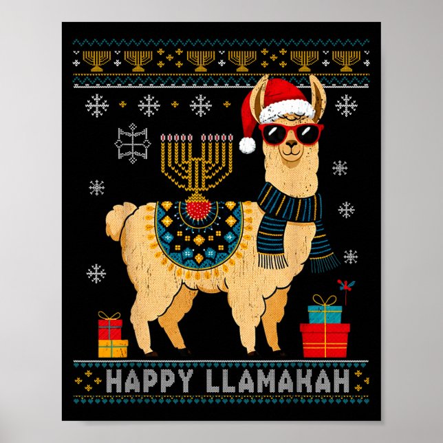 Póster Happy Llamakah Funny Ugly Hanukkah Sweater Llama P (Frente)