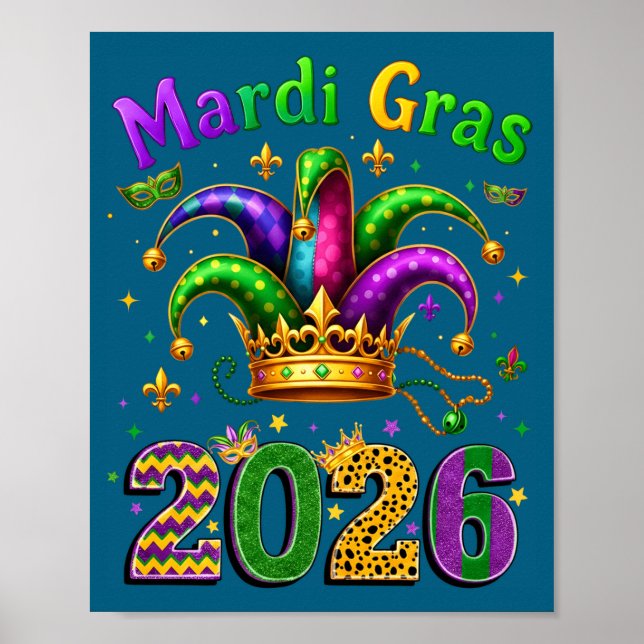 Póster Happy Mardi Gras 2026 Jester Hat Men Women Kid Car (Frente)