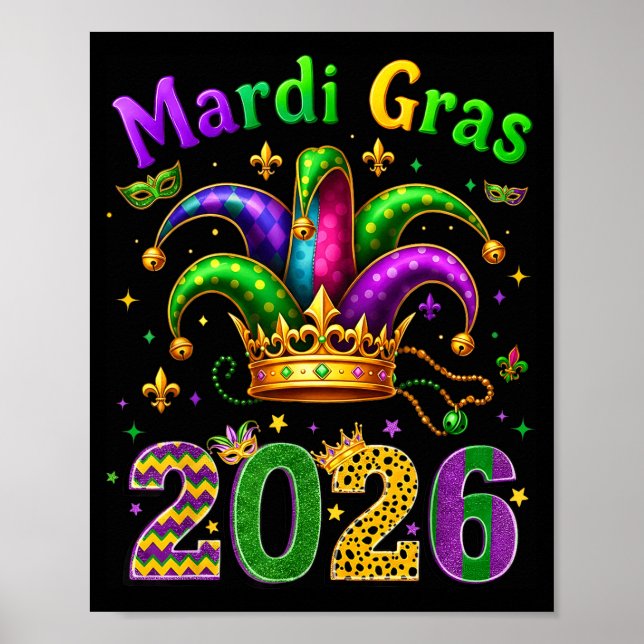Póster Happy Mardi Gras 2026 Jester Hat Men Women Kid Car (Frente)