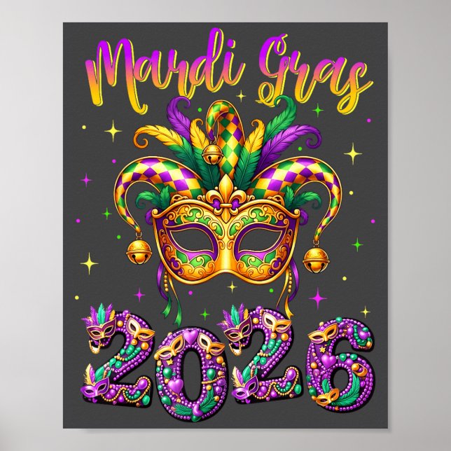 Póster Happy Mardi Gras Carnival 2026 Jester Hat Men Wome (Frente)