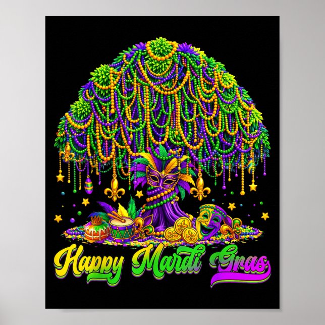 Póster Happy Mardi Gras Tree Beads Mask Carnival New Orle (Frente)