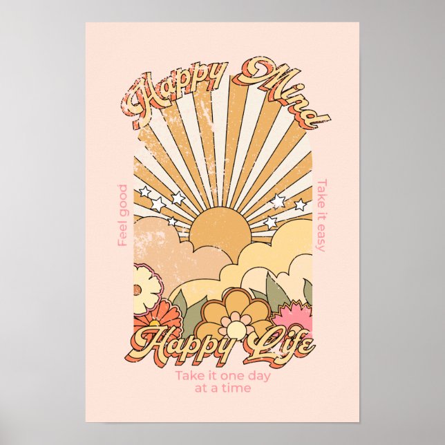 Póster Happy Mind Happy Life Hippy Groovy Vibes (Frente)