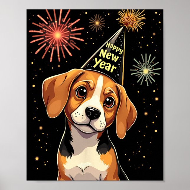 Póster Happy New Year 2025 Eve Firework Dog Funny Beagle  (Frente)