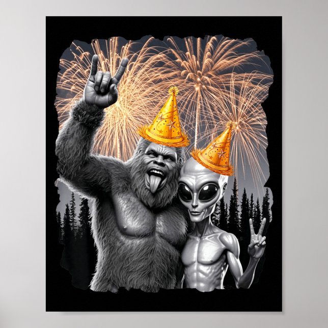Póster Happy New Year 2026 Bigfoot Alien Lovers New Years (Frente)