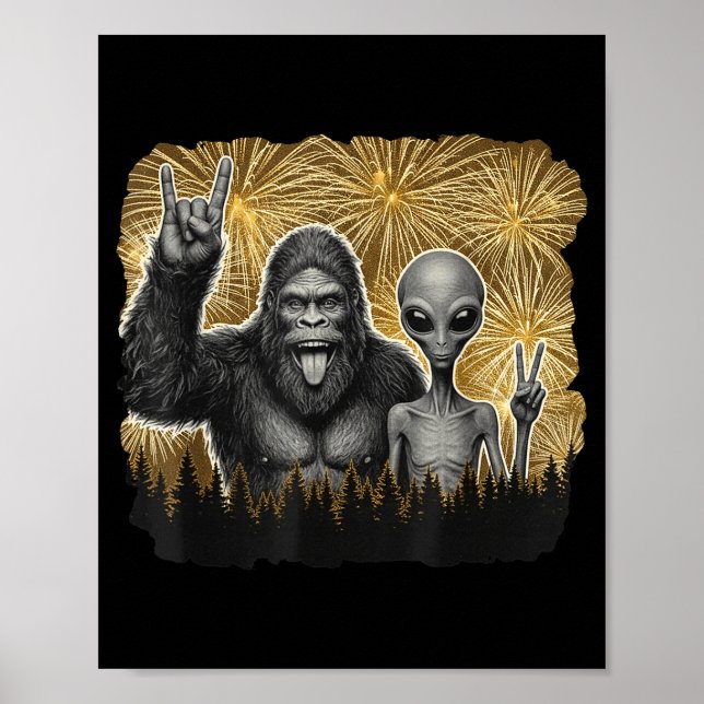Póster Happy New Year 2026 Bigfoot Alien Lovers New Years (Frente)