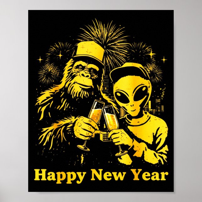 Póster Happy New Year 2026 Bigfoot Alien Lovers New Years (Frente)