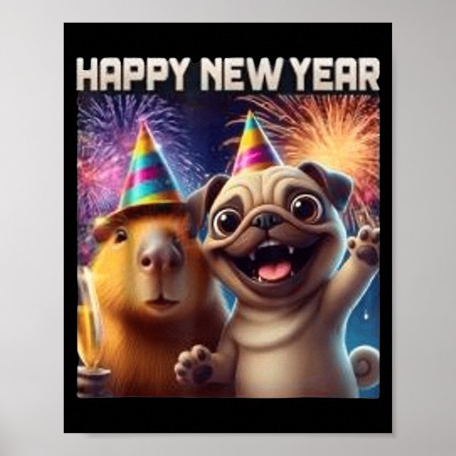 Póster Happy New Year 2026 Capybara Pug Party Art  (Frente)