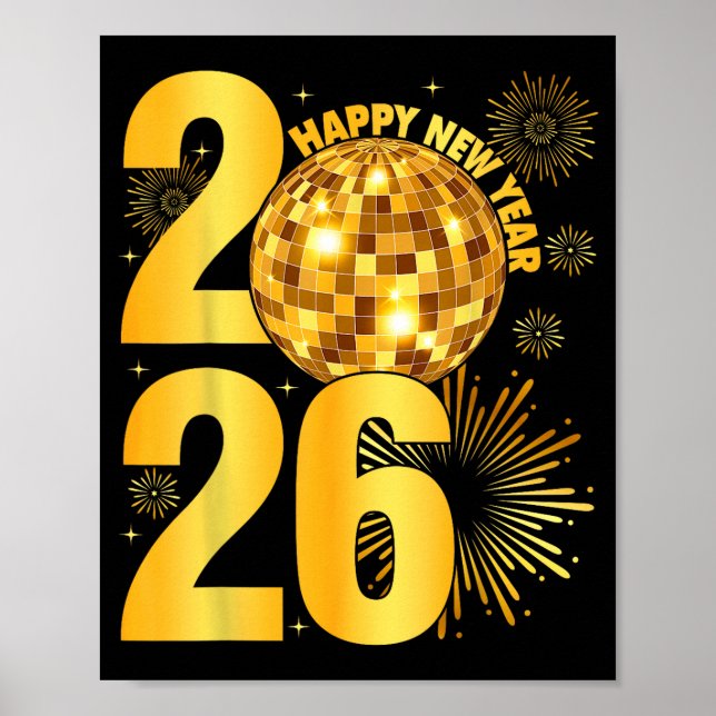 Póster Happy New Year 2026 Coquette Bow Disco Ball New Ye (Frente)