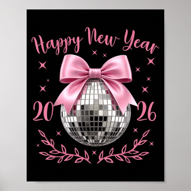 Póster Happy New Year 2026 Coquette Nk Bow Disco Ball Wom (Frente)