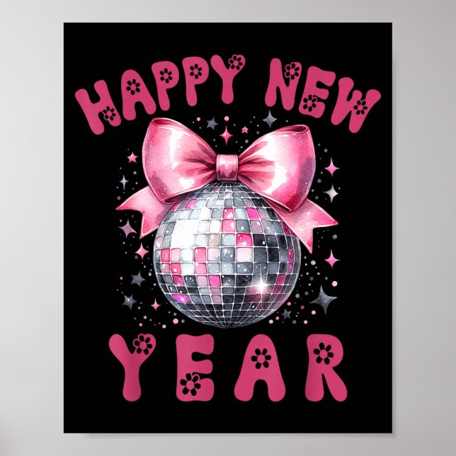 Póster Happy New Year 2026 Coquette Nk Bow Disco Ball Wom (Frente)