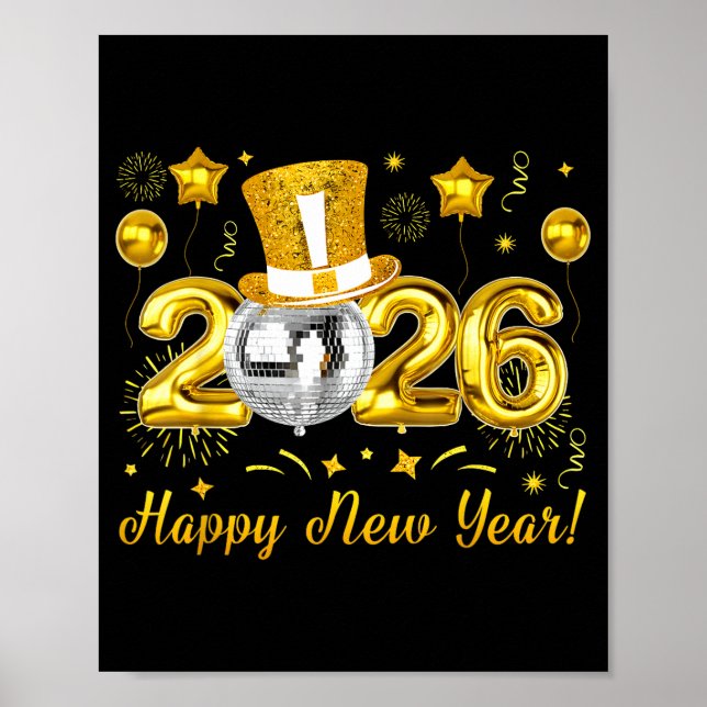 Póster Happy New Year 2026 Countdown Party Balloons Firew (Frente)