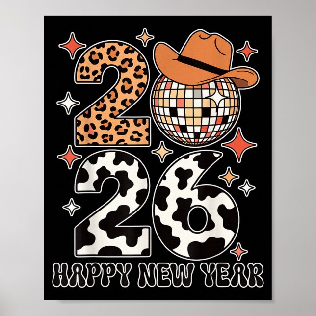 Póster Happy New Year 2026 Cowgirl Disco Ball Western Leo (Frente)