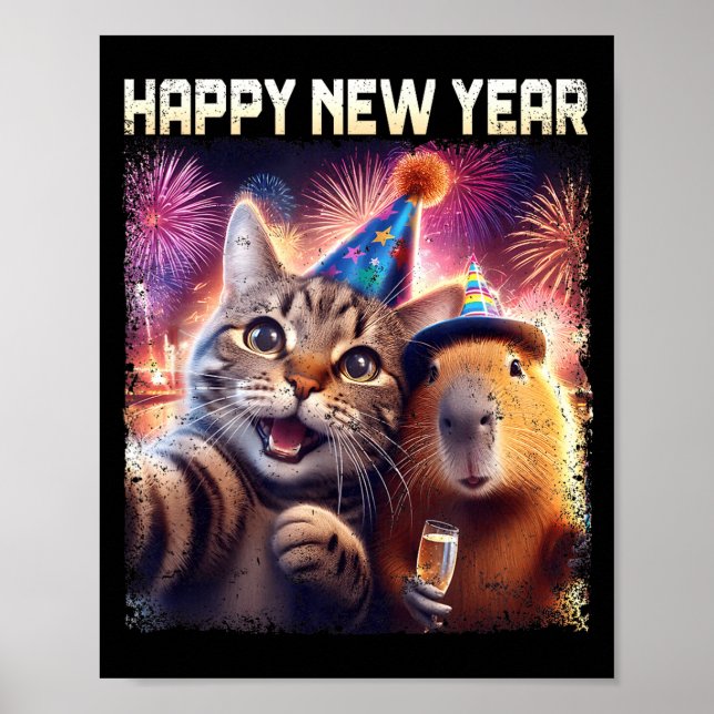 Póster Happy New Year 2026 Cute Cat Capybara Party Art  (Frente)