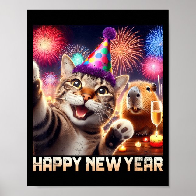 Póster Happy New Year 2026 Cute Cat Capybara Party Art  (Frente)