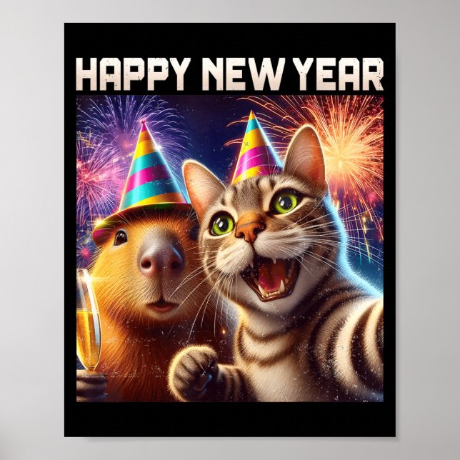 Póster Happy New Year 2026 Cute Cat Capybara Party Art  (Frente)