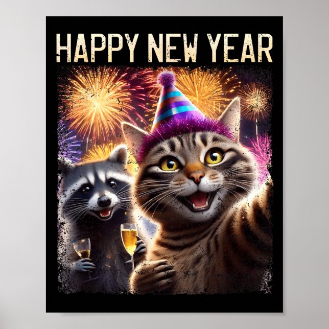 Póster Happy New Year 2026 Cute Cat Raccoon Celebration  (Frente)