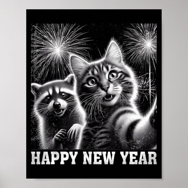 Póster Happy New Year 2026 Cute Cat Raccoon Celebration  (Frente)