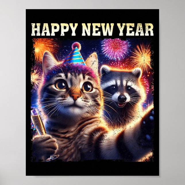 Póster Happy New Year 2026 Cute Cat Raccoon Celebration  (Frente)