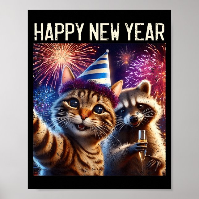 Póster Happy New Year 2026 Cute Cat Raccoon Celebration  (Frente)