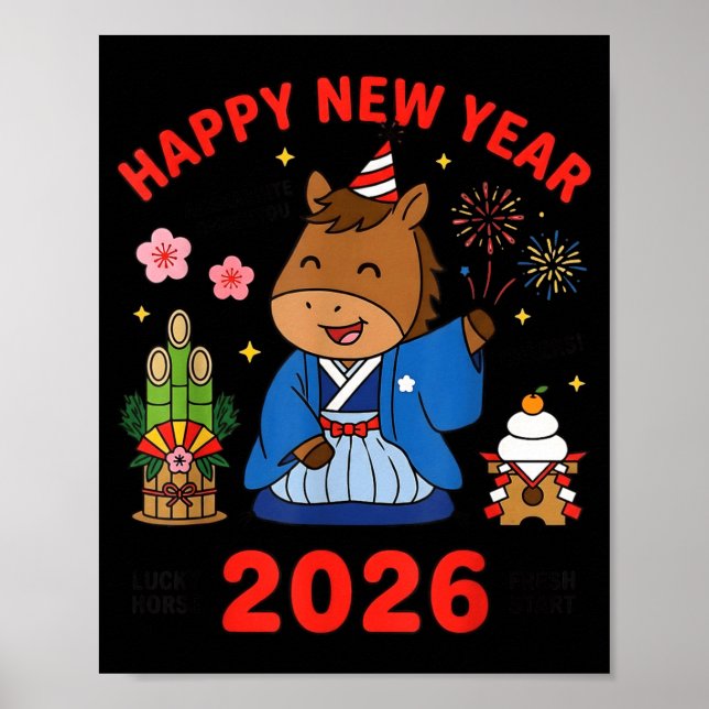 Póster Happy New Year 2026 Cute Horse Japanese Celebratio (Frente)