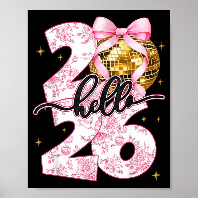 Póster Happy New Year 2026 Disco Ball Bow New Year's Eve  (Frente)