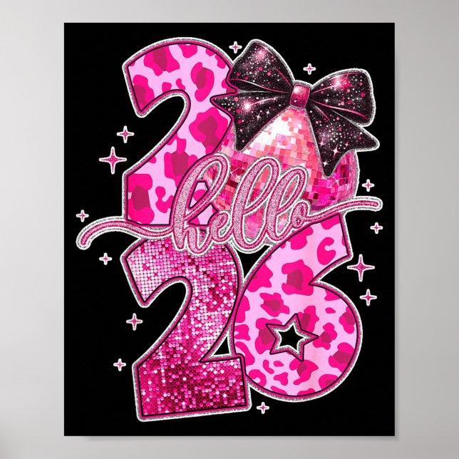 Póster Happy New Year 2026 Disco Ball Bow New Year's Eve  (Frente)