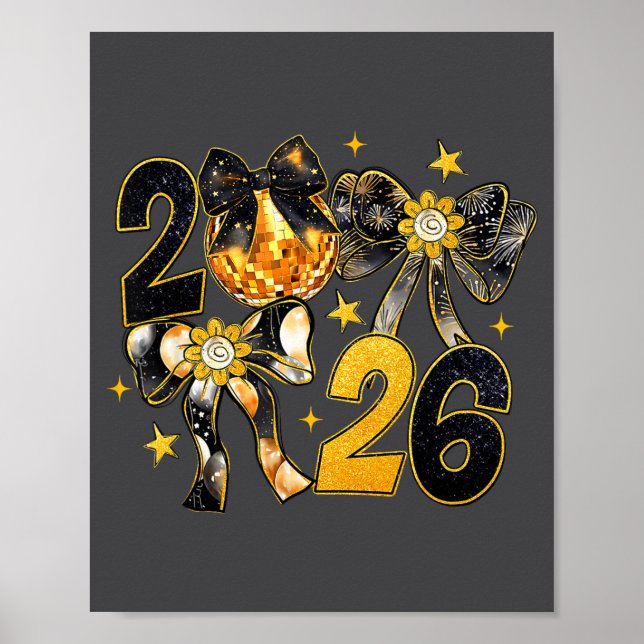 Póster Happy New Year 2026 Disco Ball Coquette Bow New Ye (Frente)