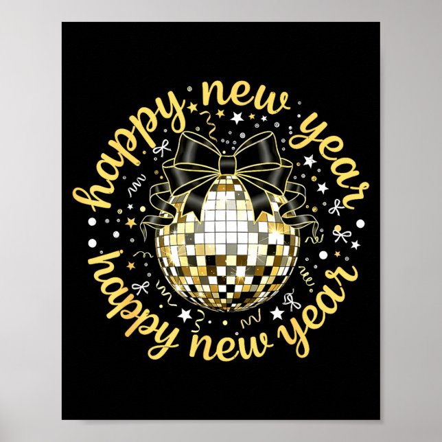 Póster Happy New Year 2026 Disco Ball Gold Bow Coquette C (Frente)