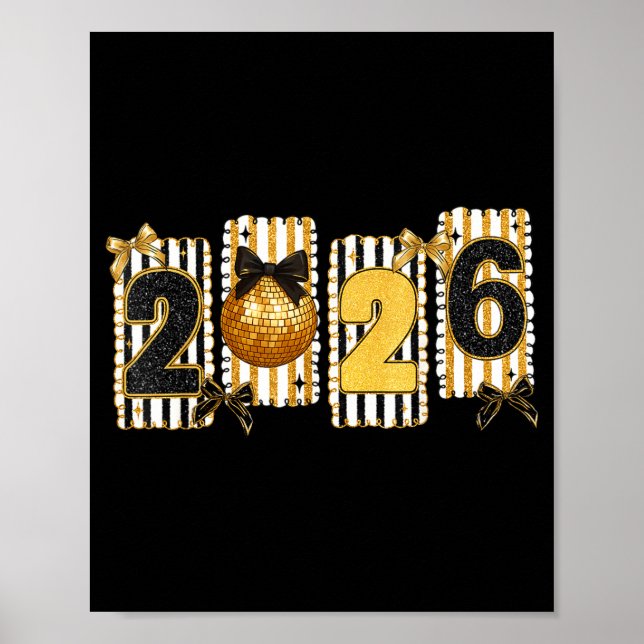 Póster Happy New Year 2026 Disco Ball Gold Coquette Bow F (Frente)