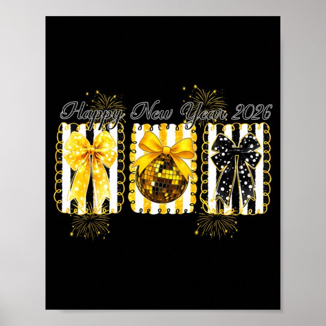 Póster Happy New Year 2026 Disco Ball Gold Coquette Bow F (Frente)