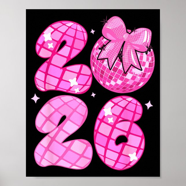 Póster Happy New Year 2026 Disco Ball Nk Coquette Bow Fam (Frente)
