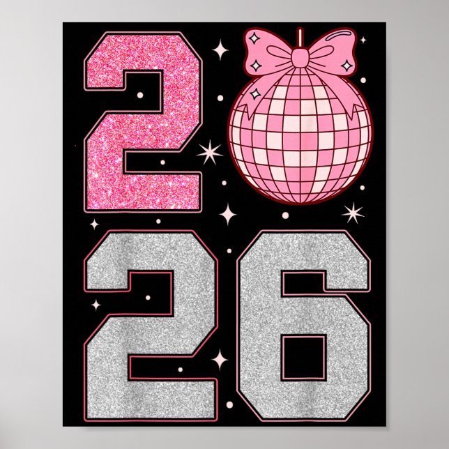 Póster Happy New Year 2026 Disco Ball Nk Coquette Bow Fam (Frente)
