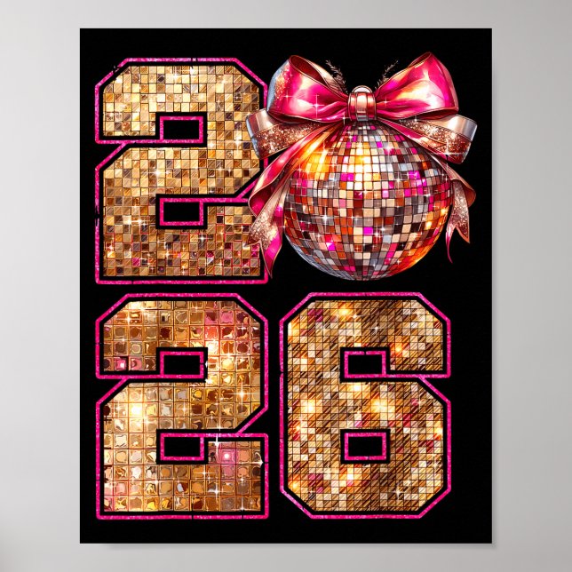 Póster Happy New Year 2026 Disco Ball Nk Coquette Bow Fam (Frente)
