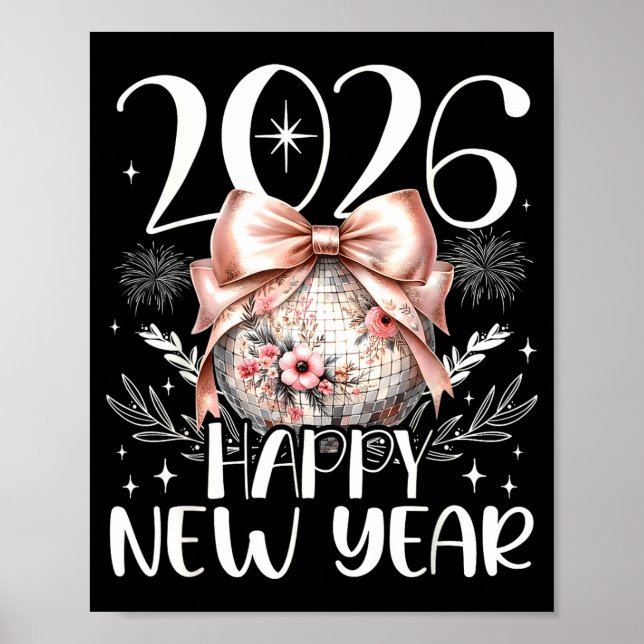 Póster Happy New Year 2026 Disco Cute Bow Flower New Year (Frente)