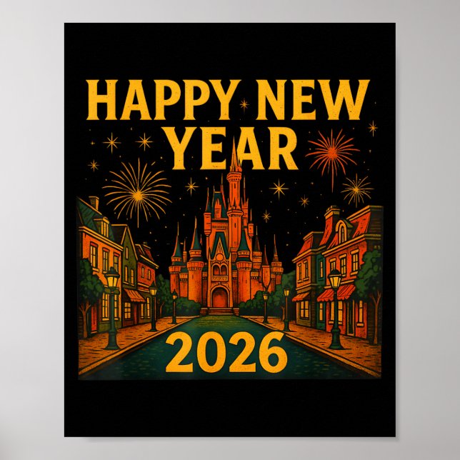 Póster Happy New Year 2026 Fantasy Castle Fireworks Night (Frente)