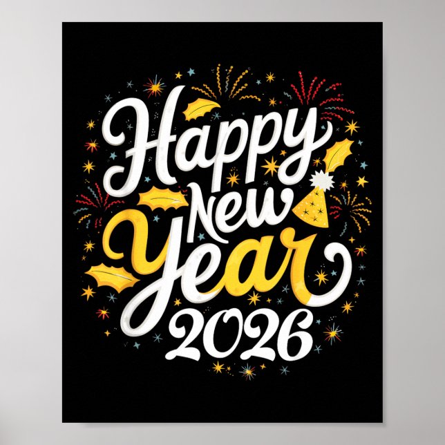 Póster Happy New Year 2026 Fireworks Party Graphic Men Wo (Frente)