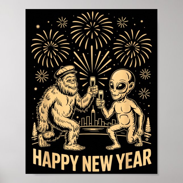 Póster Happy New Year 2026 Funny Bigfoot And Alien Lovers (Frente)
