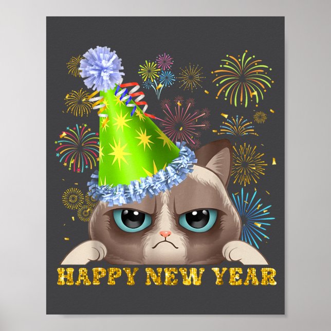 Póster Happy New Year 2026 Funny Cat New Year's Eve Hat G (Frente)