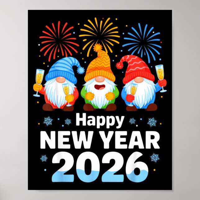 Póster Happy New Year 2026 Gnome With Fireworks And Champ (Frente)