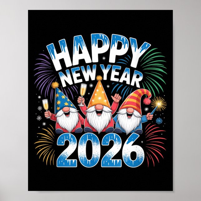 Póster Happy New Year 2026 Gnomes Family Party New Years  (Frente)