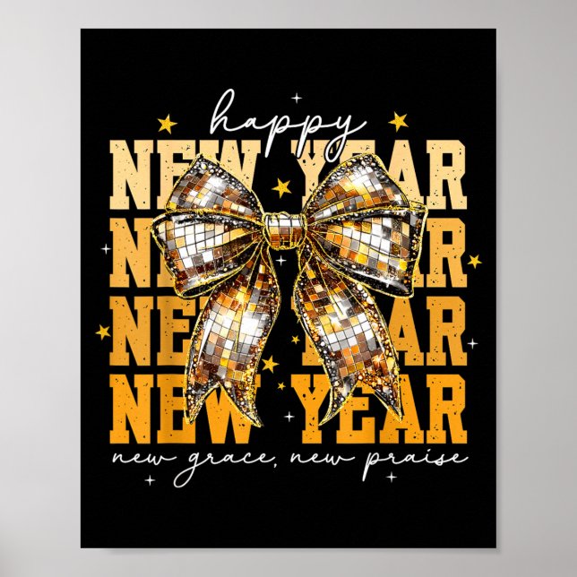 Póster Happy New Year 2026 Gold Coquette Bow Disco Ball C (Frente)