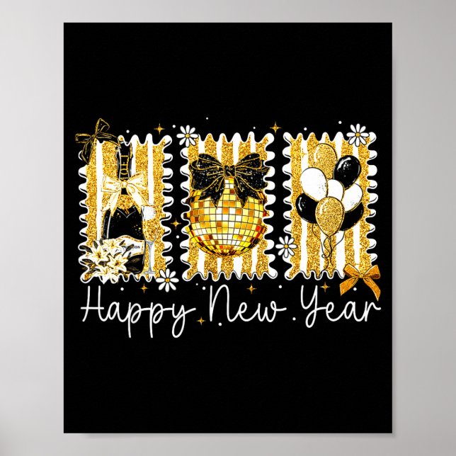 Póster Happy New Year 2026 Gold Coquette Bow Disco Ball C (Frente)