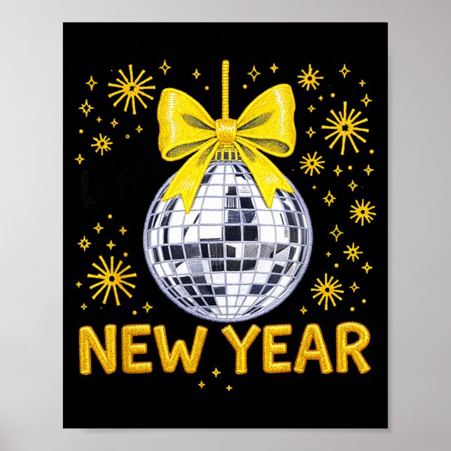 Póster Happy New Year 2026 Golden Disco Ball Bow New Year (Frente)