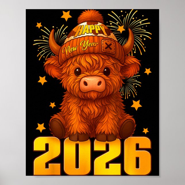 Póster Happy New Year 2026 Highland Cow &amp; Party Hat N (Frente)