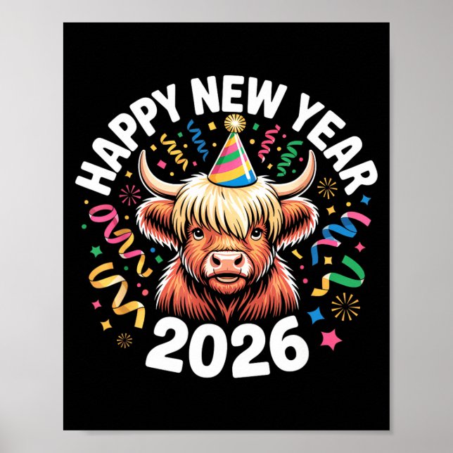 Póster Happy New Year 2026 Highland Cow &amp; Party Hat N (Frente)