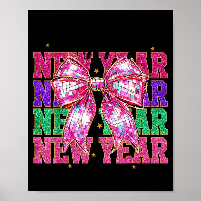 Póster Happy New Year 2026 Nk Coquette Bow Disco Ball Cou (Frente)