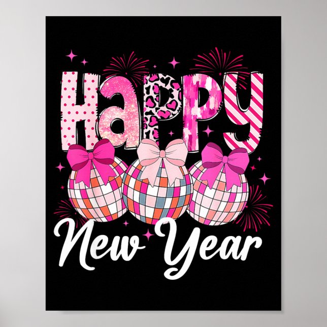 Póster Happy New Year 2026 Nk Coquette Bow Disco Ball Fir (Frente)