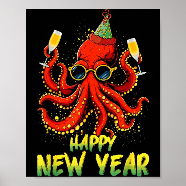 Póster Happy New Year 2026 Octopus Drinking Champagne New (Frente)